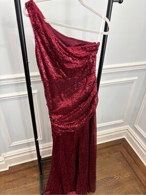 One-Shoulder Sequin Evening Gown - Burgundy